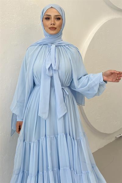 Fularlı Şifon Elbise Baby Blue