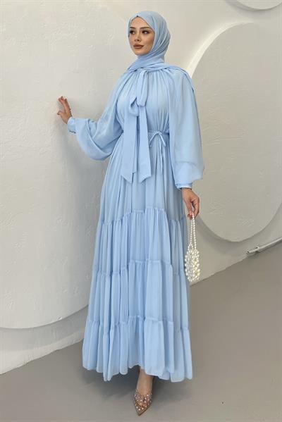Fularlı Şifon Elbise Baby Blue