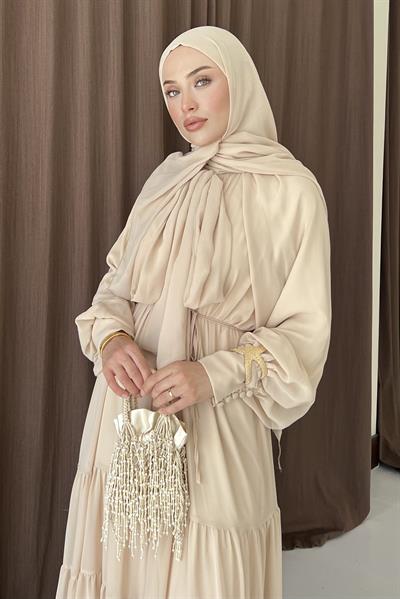 Fularlı Şifon Elbise Bej