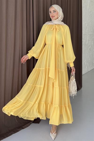 Fularlı Şifon Elbise Limon Sarısı