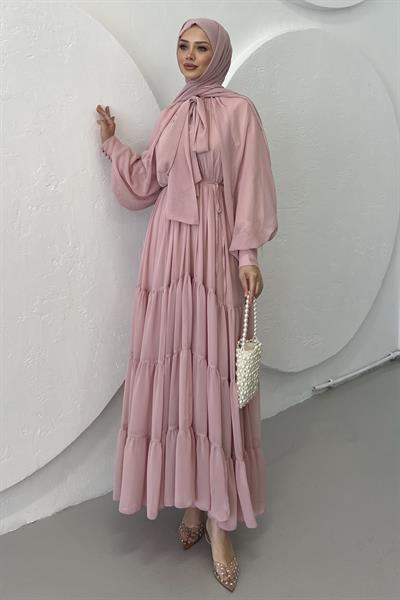 Fularlı Şifon Elbise Toz Pembe