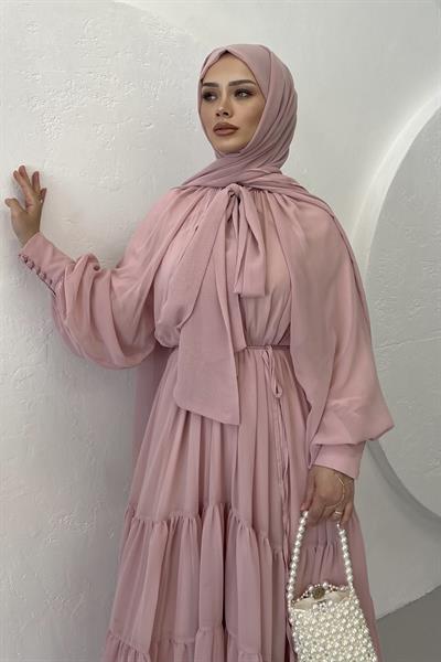 Fularlı Şifon Elbise Toz Pembe