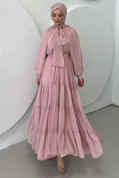 Fularlı Şifon Elbise Toz Pembe