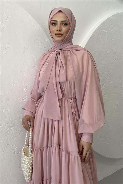 Fularlı Şifon Elbise Toz Pembe