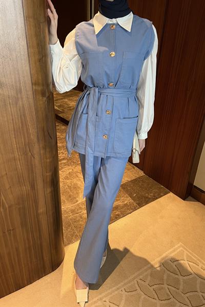Gabardin Yelekli Pantolonlu Takım Mavi