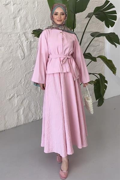 Gold Düğmeli Etekli Takım Toz Pembe