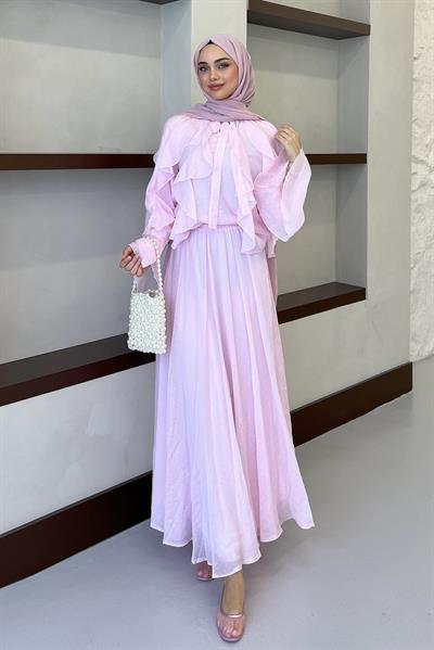 İspanyol Kol Fırfırlı Etekli Takım Toz Pembe