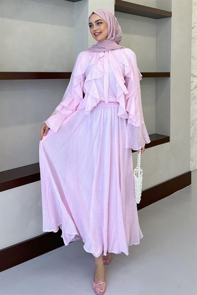 İspanyol Kol Fırfırlı Etekli Takım Toz Pembe