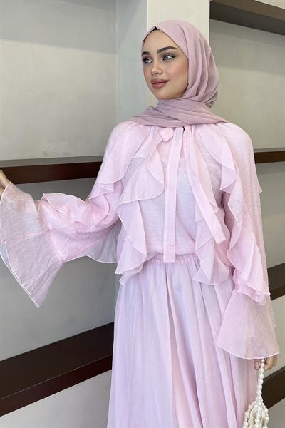 İspanyol Kol Fırfırlı Etekli Takım Toz Pembe