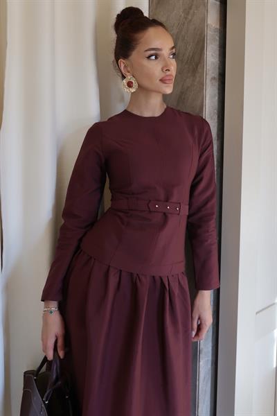 Kemerli Cupra Elbise Bordo
