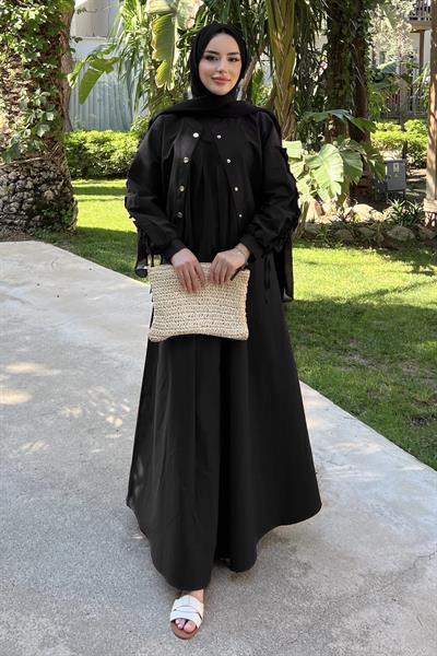 Kolları Büzgülü Ceketli Elbise Siyah