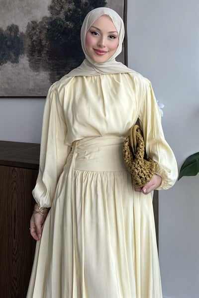 Korsace Büzgülü Etekli Takım Butter Yellow