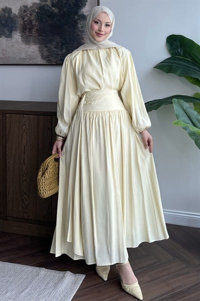 Korsace Büzgülü Etekli Takım Butter Yellow