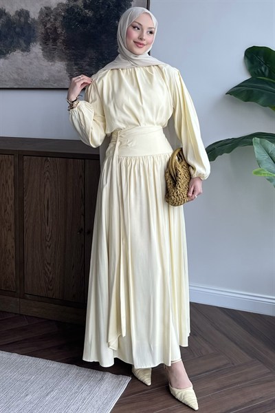 Korsace Büzgülü Etekli Takım Butter Yellow