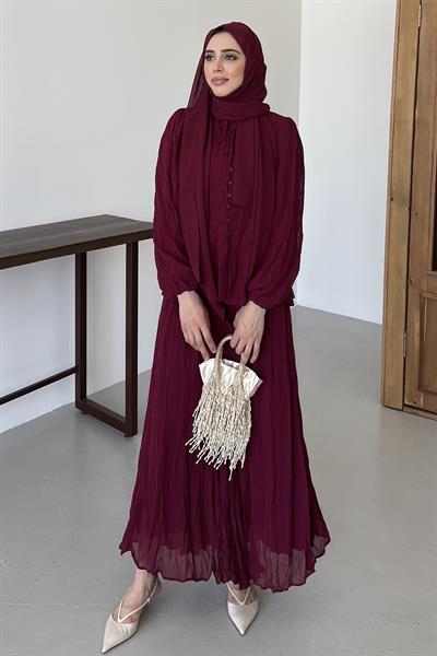 Kraşlı Şifon Etekli Takım Bordo
