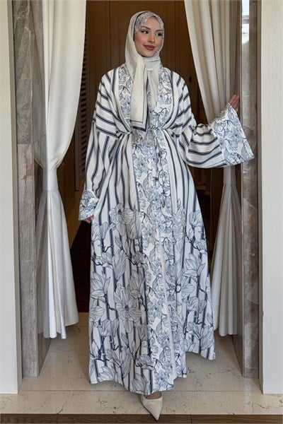 Lady Şallı Çizgili Abaya Takım Lacivert