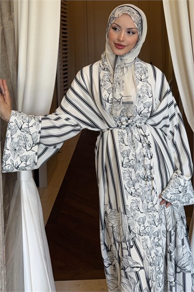 Lady Şallı Çizgili Abaya Takım Siyah