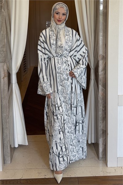 Lady Şallı Çizgili Abaya Takım Siyah