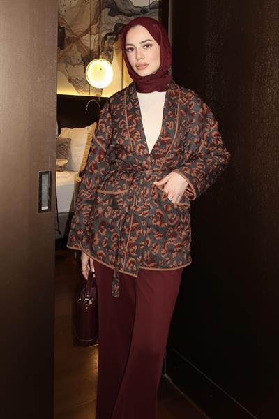 Leopar Desenli Bağlamalı Ceket Antrasit