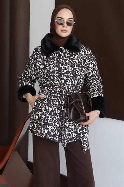 Leopar Desenli Kürk Detaylı Ceket Kahve