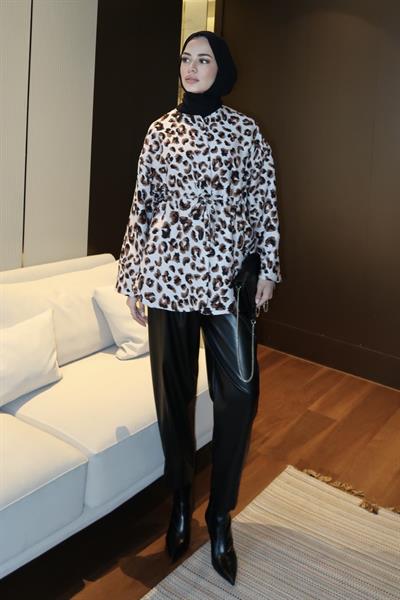 Leopar Desenli Çıtçıtlı Ceket Ekru