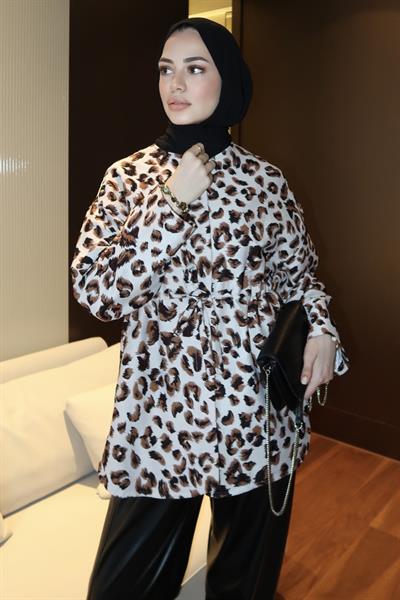 Leopar Desenli Çıtçıtlı Ceket Ekru