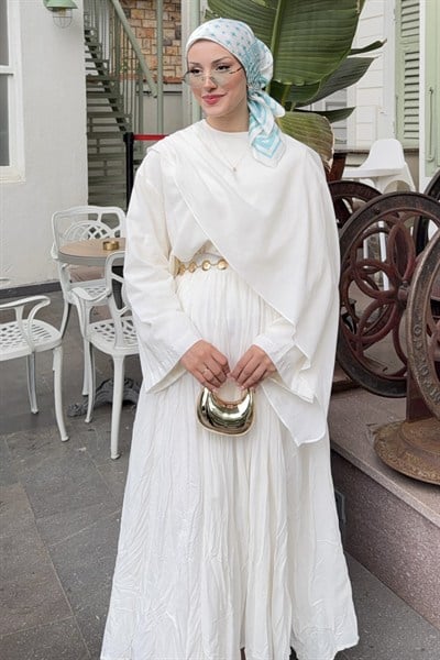 Luxe Şal Detaylı Etekli Takım Ekru