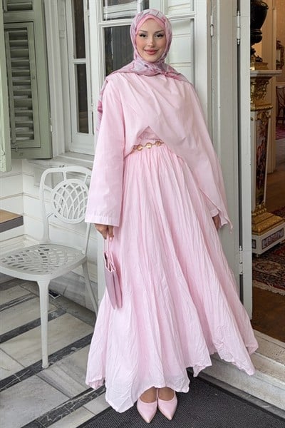 Luxe Şal Detaylı Etekli Takım Soft Pembe