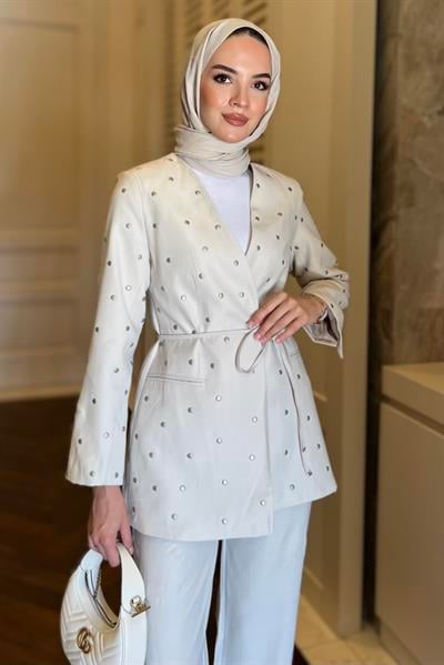 Metal Detaylı Blazer Takım Bej
