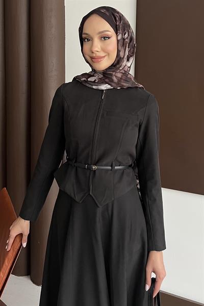 Minimal Kemerli Etekli Takım Siyah