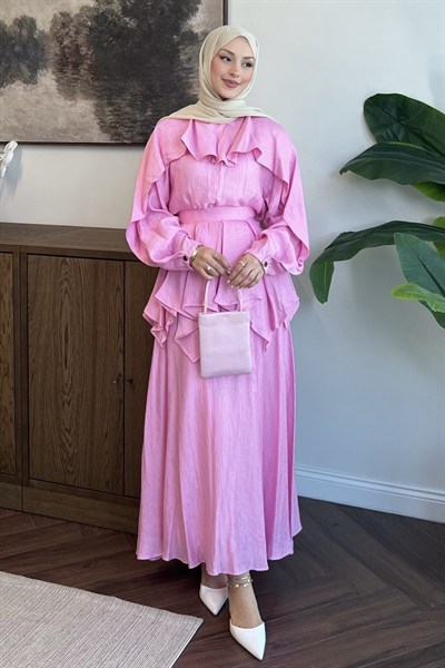 Nora Pelerin Bluzlu Müslin Etekli Takım Pembe