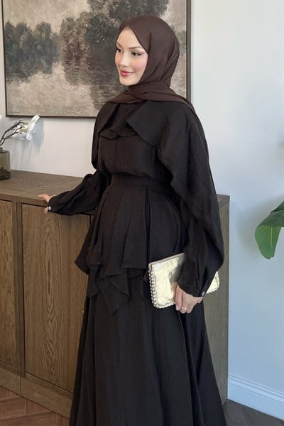 Nora Pelerin Bluzlu Müslin Etekli Takım Acı Kahve