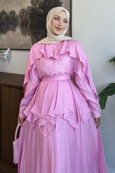Nora Pelerin Bluzlu Müslin Etekli Takım Pembe