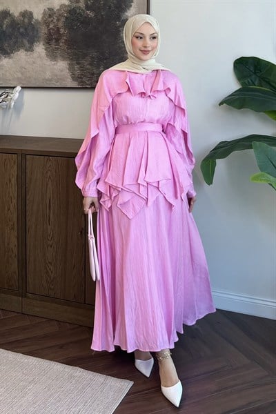Nora Pelerin Bluzlu Müslin Etekli Takım Pembe