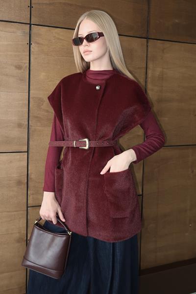 Oversize Tay Tüyü Yelek Bordo