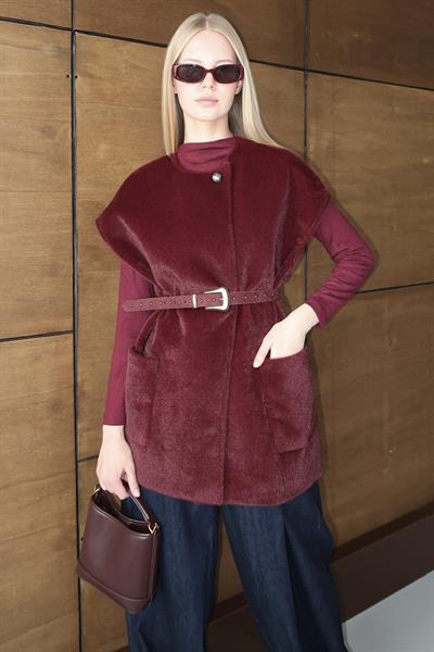 Oversize Tay Tüyü Yelek Bordo