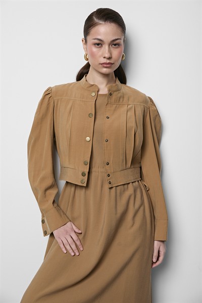 Pile Detaylı Ceketli Elbise Camel