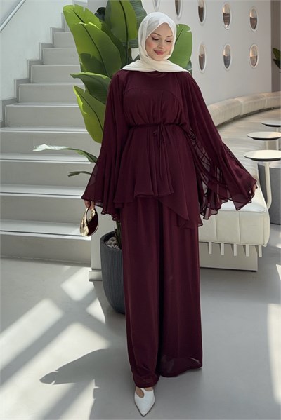 Royal Şifon Pantolonlu Takım Bordo