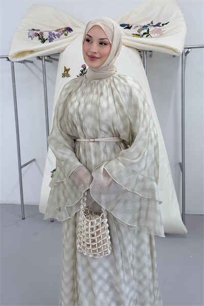 Sakura Kolları Fırfırlı Elbise Çağla Yeşili