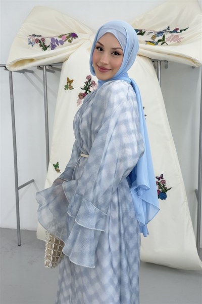 Sakura Kolları Fırfırlı Elbise Mavi