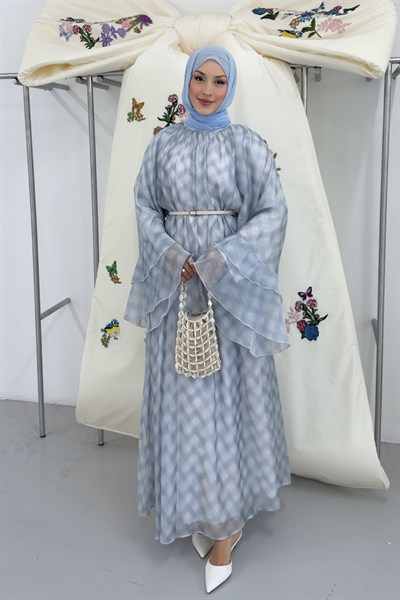 Sakura Kolları Fırfırlı Elbise Mavi