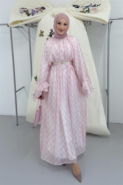Sakura Kolları Fırfırlı Elbise Pembe