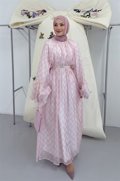 Sakura Kolları Fırfırlı Elbise Pembe