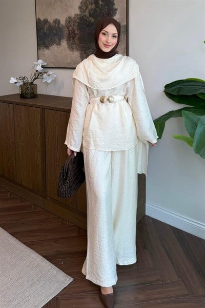 Şal Yakalı Deniz Kabuğu Pantolonlu Takım Ekru