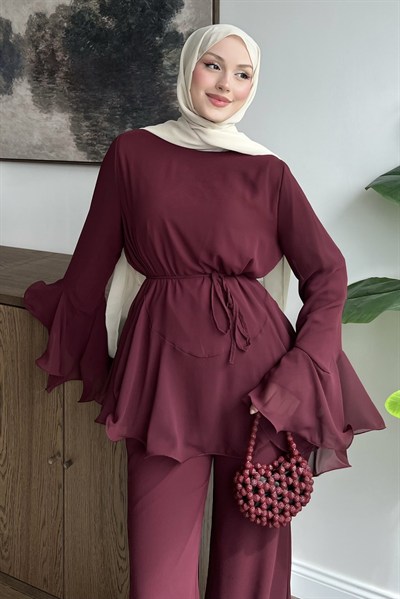 Şifonlu Pantolonlu Takım Bordo