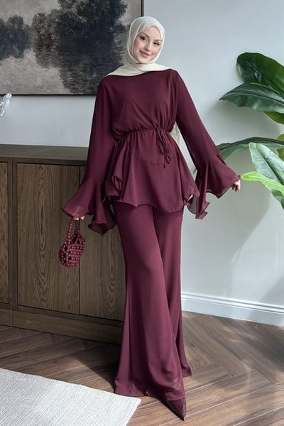 Şifonlu Pantolonlu Takım Bordo