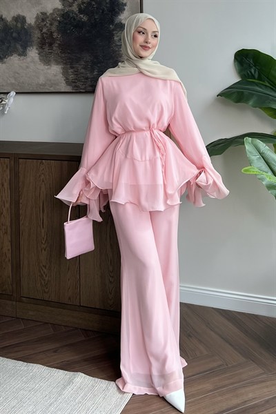 Şifonlu Pantolonlu Takım Pembe