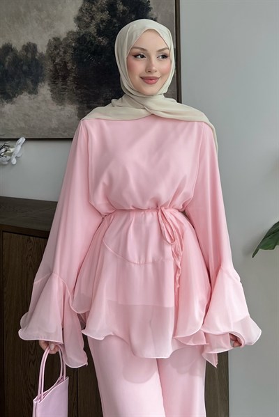 Şifonlu Pantolonlu Takım Pembe