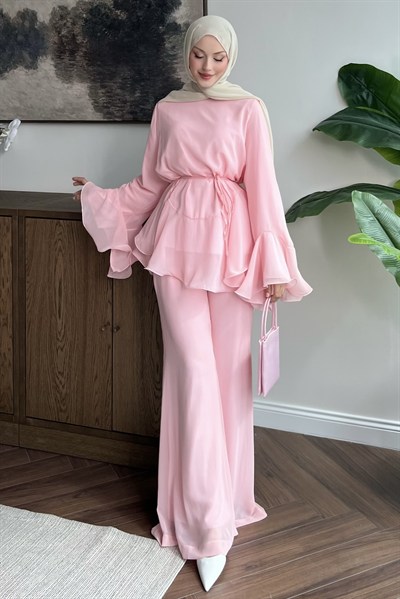 Şifonlu Pantolonlu Takım Pembe