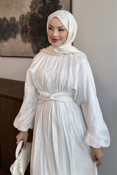 Simli Tül Tencel Elbise Ekru